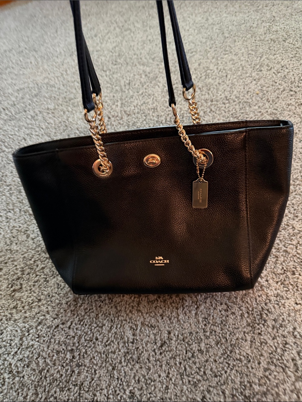 Coach Black Pebbled Leather Tote with Gold Chain Handles
